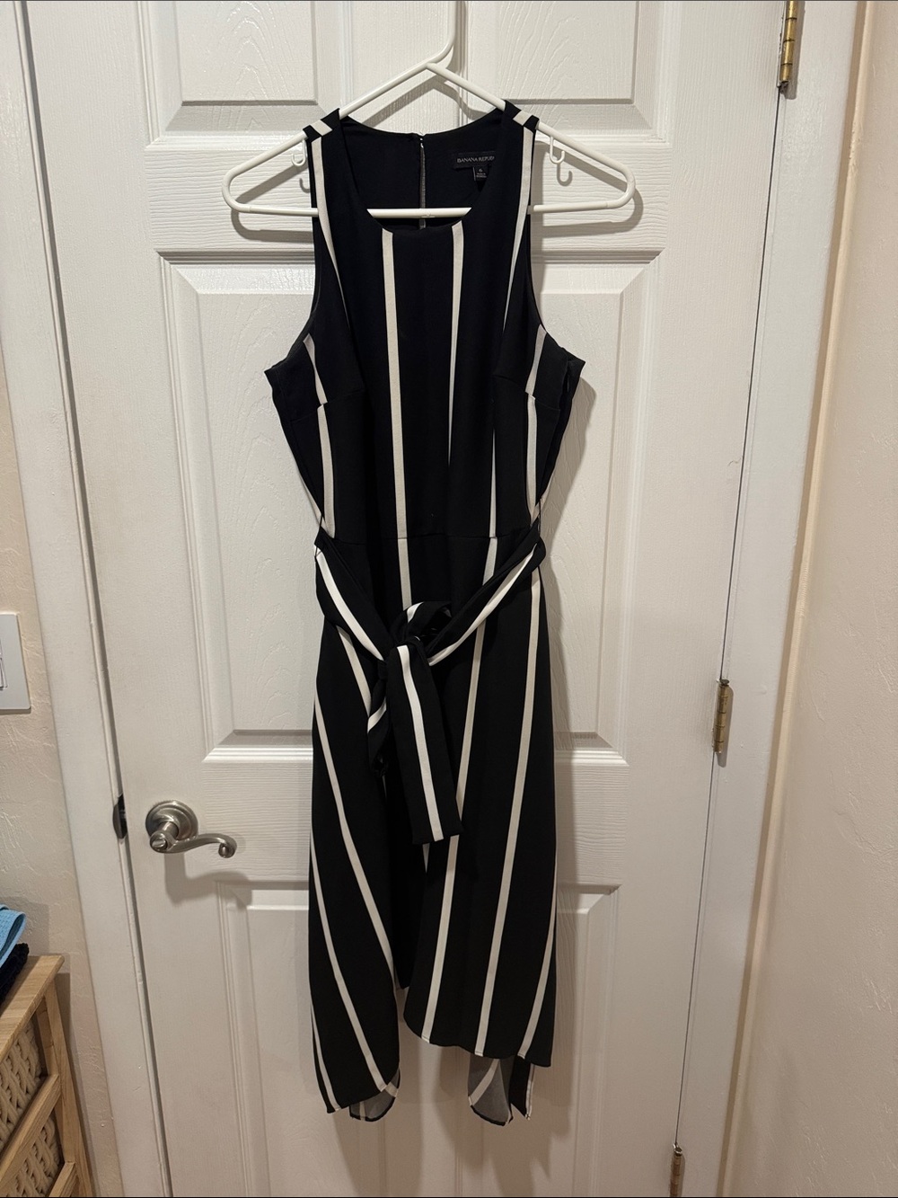 Banana Republic Black & White Striped High-Low Dress with Tie Waist